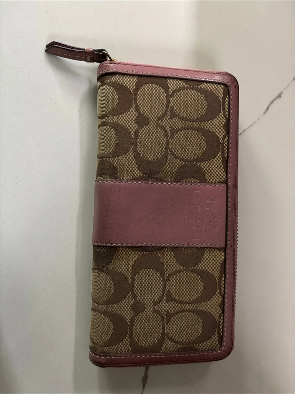 Coach Brown Signature Canvas Wallet with Pink Trim